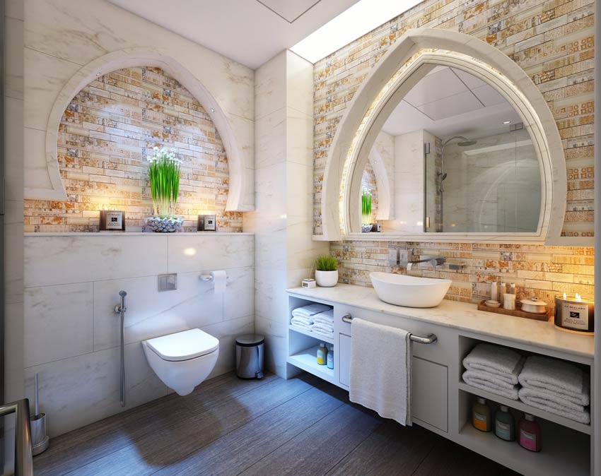 Beautiful bathroom with painted tiles